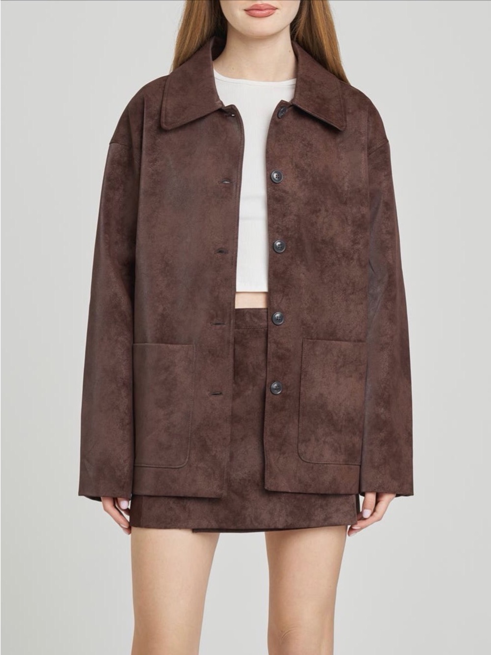 Brown Faux Suede Button-Front Jacket